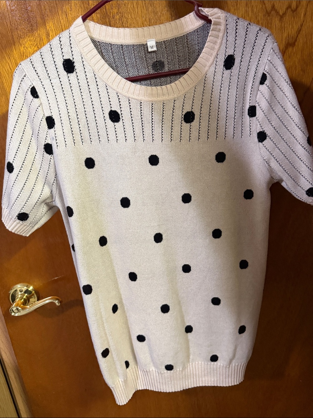 Cream Knit Polka Dot Short Sleeve Sweater with Black Dots